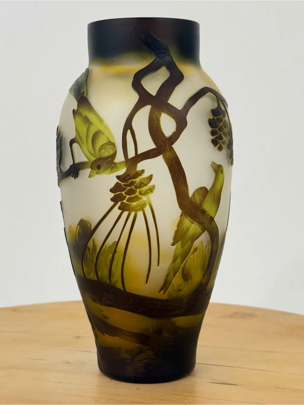 Art Nouveau Style Chinese Peking Cameo Overlay Glass Vase Hand Carved Bird/ Tree